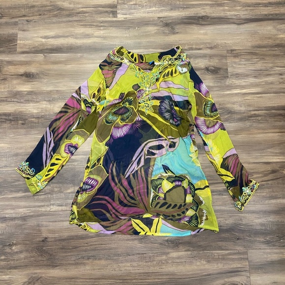 Raj Tops - Vintage 100% Silk Beaded Multicolor Top